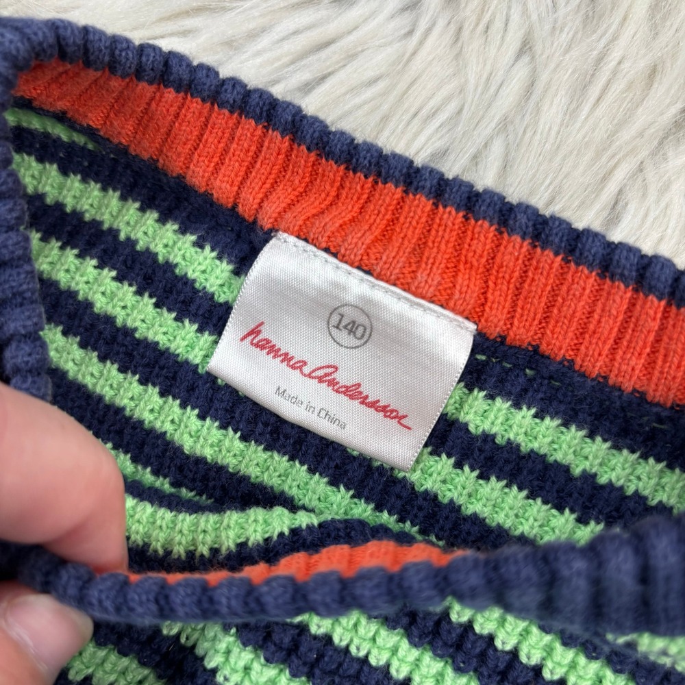 Hanna Andersson Boy's Youth 140 US 10 Mixed Stripe Sweater Green Blue Elbow Pads - Picture 3 of 6